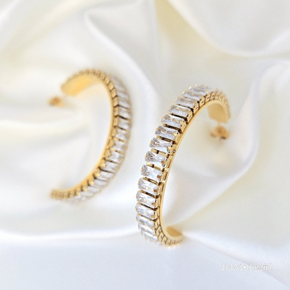 NEW Gold Tone Emerald Cut CZ Diamond Hoop Earrings - Picture 1 of 7